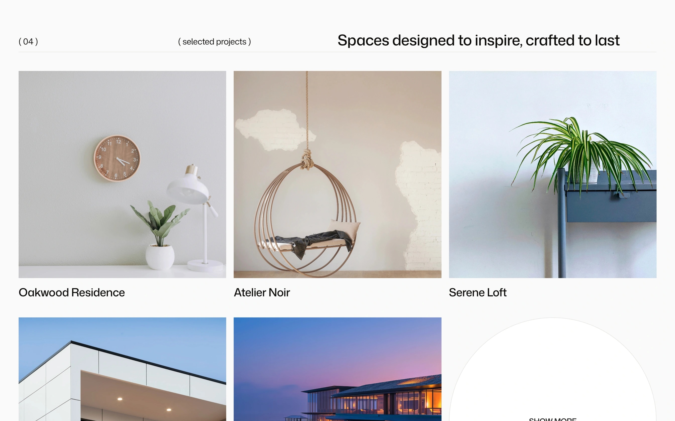 An architecture studio's selected projects: the line spaces designed to inspire, crafted to last, over a grid of interior and building photos with project names.