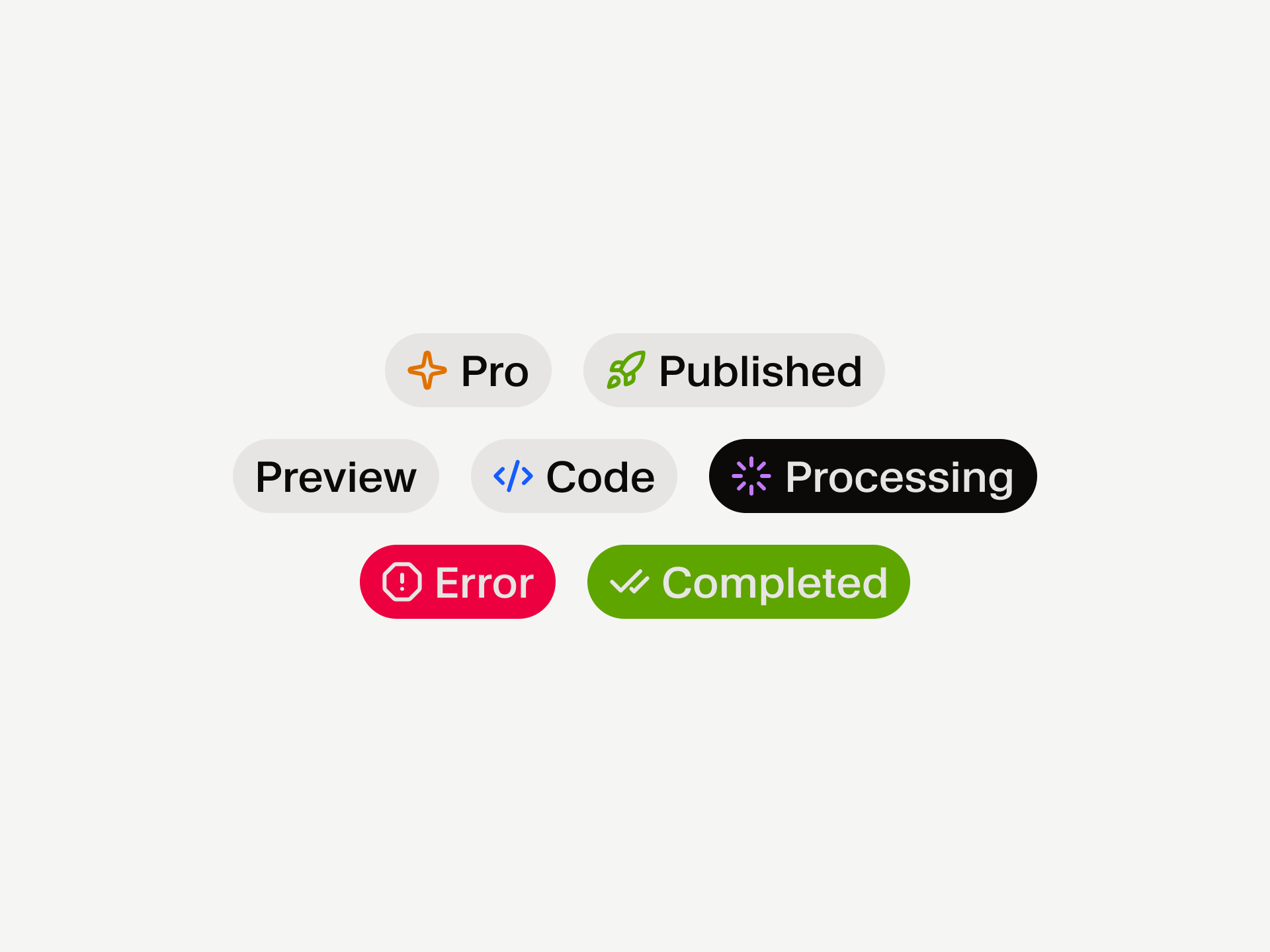 Status badges with icons: Pro, Published, Preview, Code, a black Processing badge, a red Error badge and a green Completed badge.