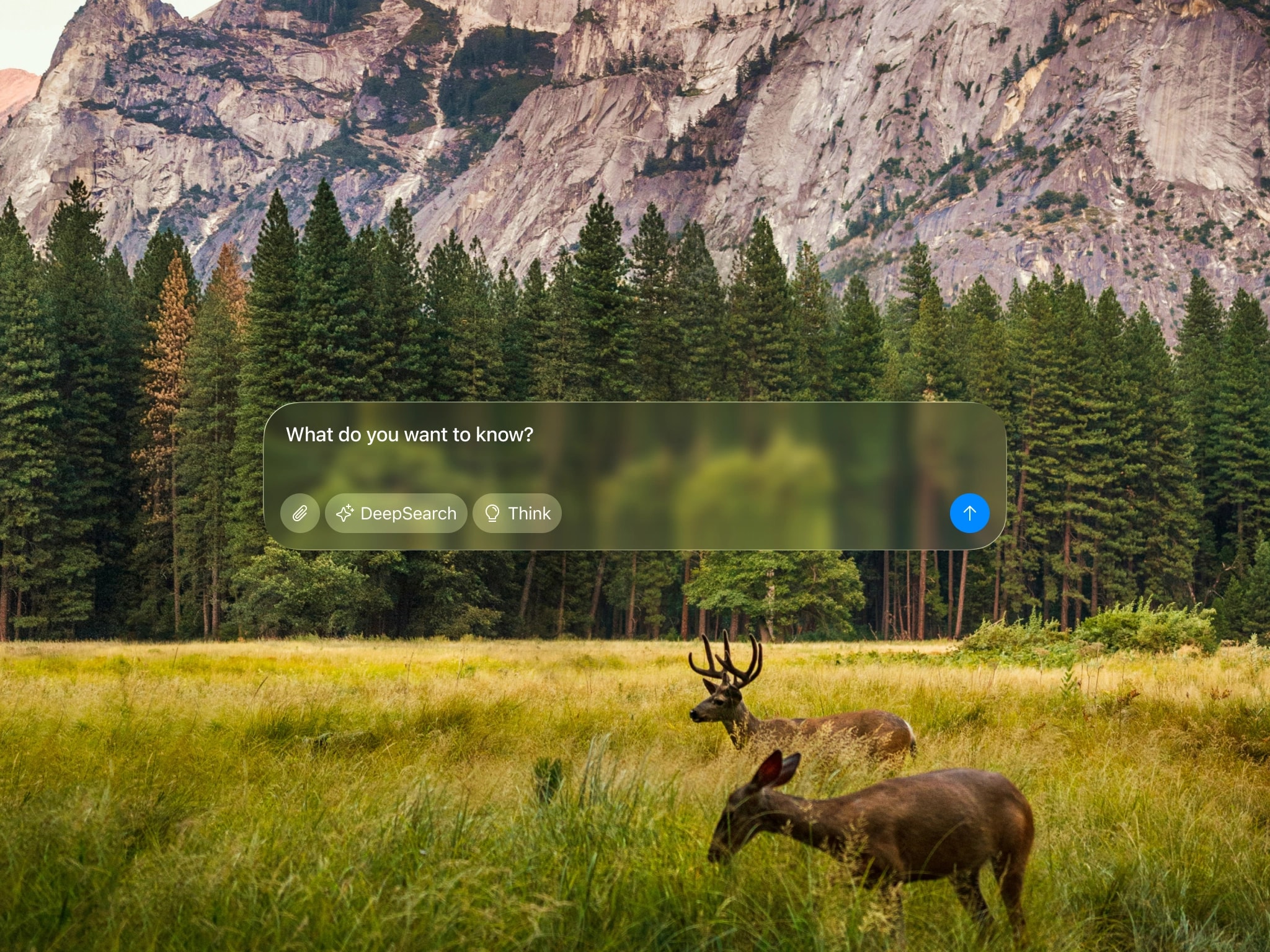 A frosted-glass AI prompt bar, asking what do you want to know with DeepSearch and Think chips, floating over a photo of deer in a meadow below a granite cliff.