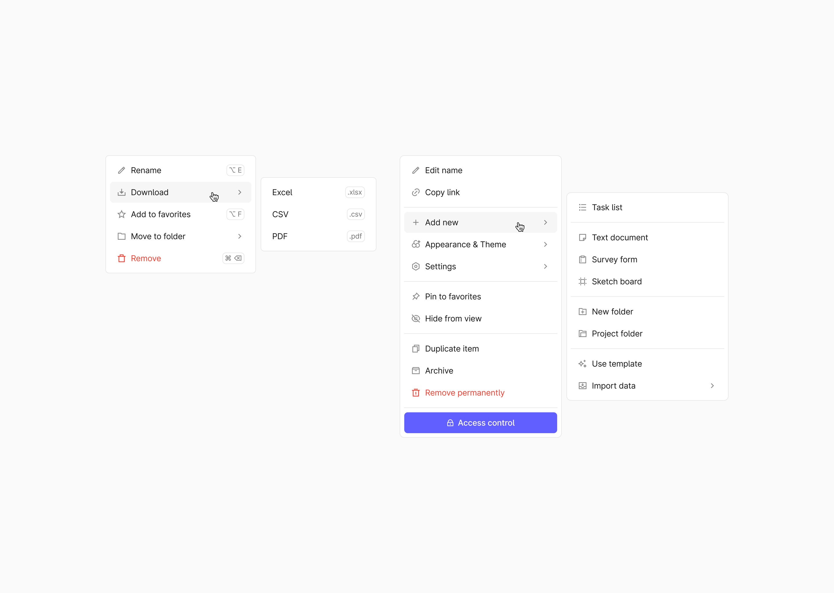 Cascading context menus: rename, download with a submenu of export formats, and a longer menu with an add-new submenu, keyboard shortcuts, a destructive remove item and an access-control button.