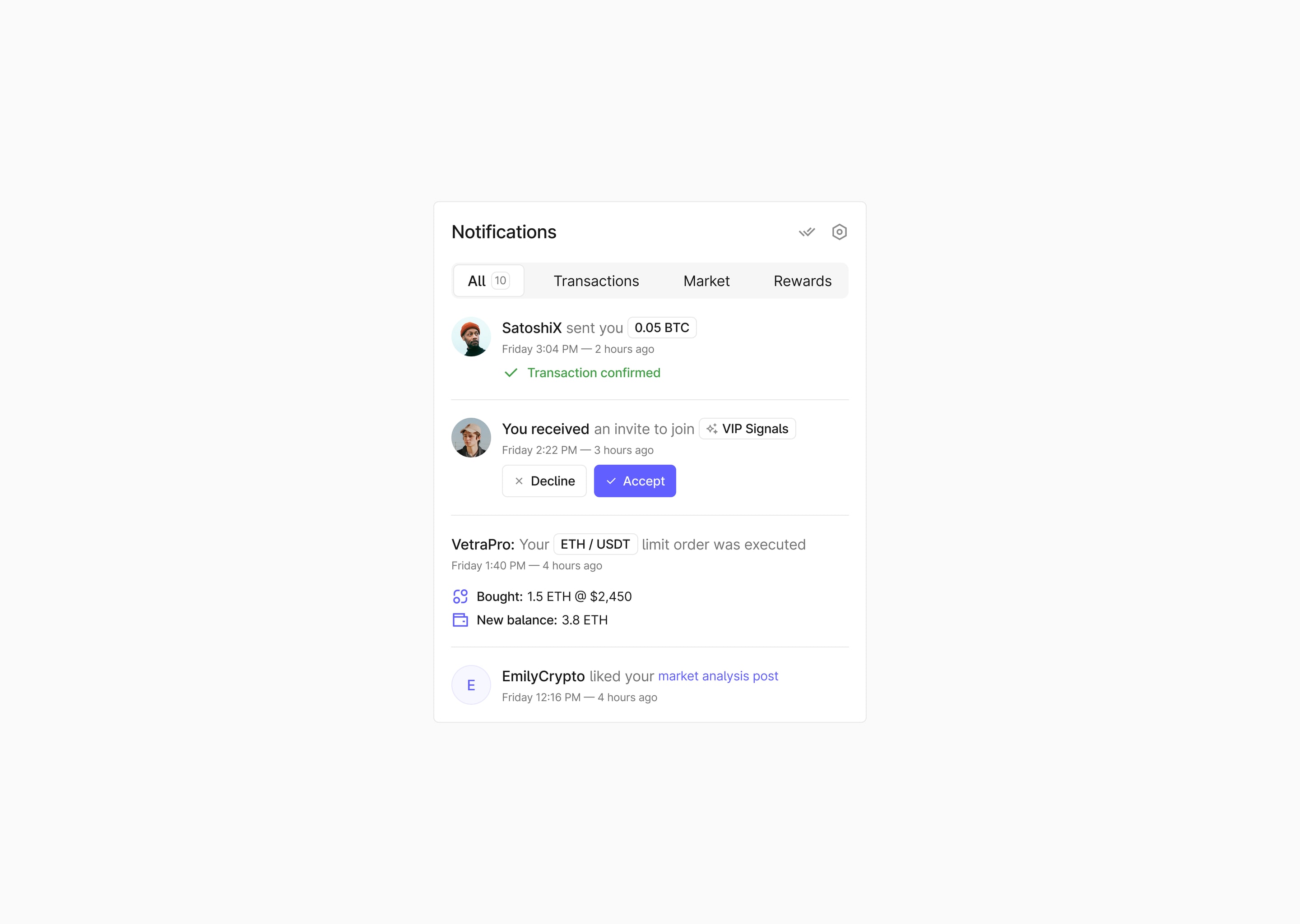 A notifications panel with tabs for all, transactions, market and rewards: a received payment marked confirmed, an invite with decline and accept buttons, an executed limit order and a like.