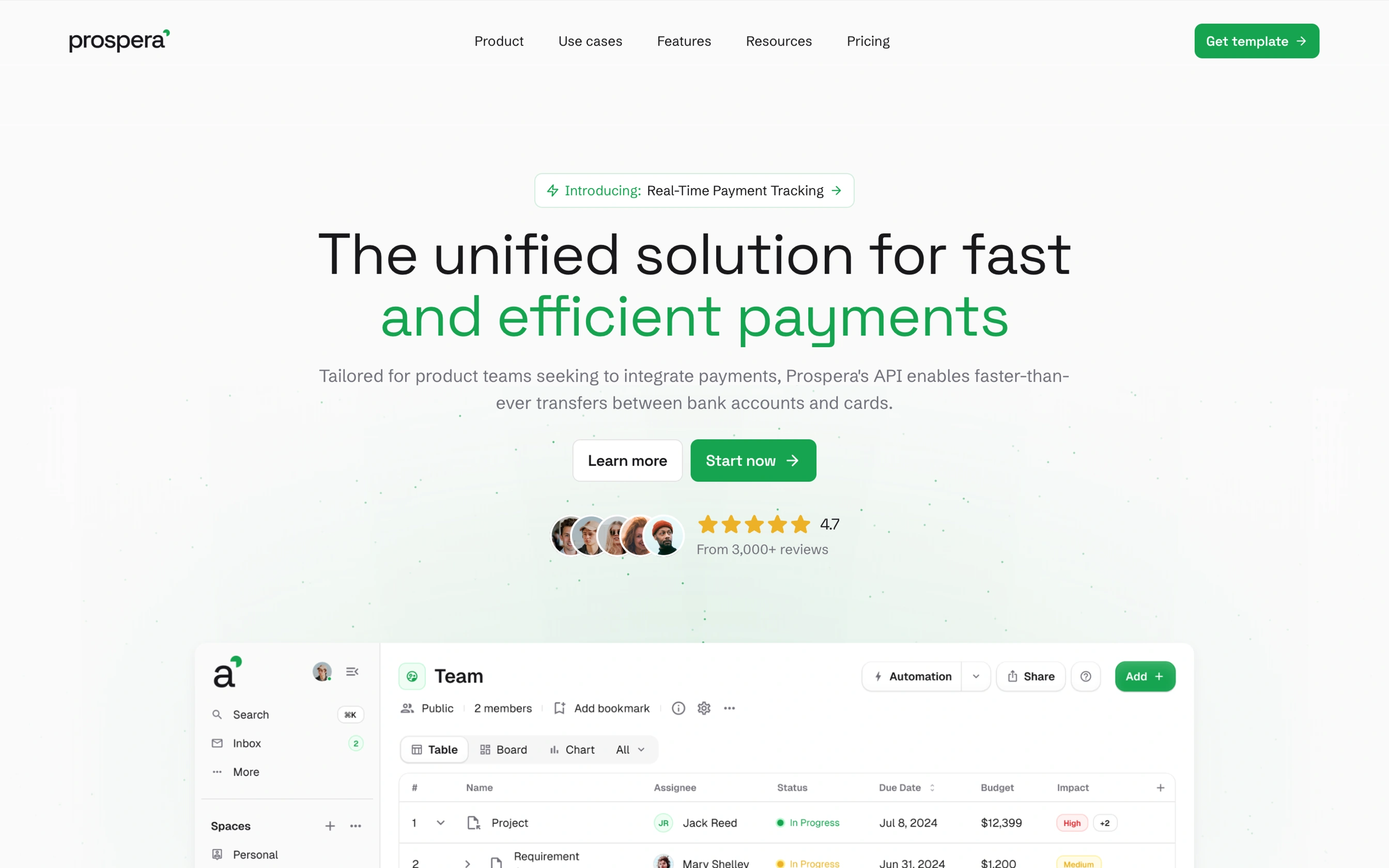 A payments landing page: the headline the unified solution for fast and efficient payments, learn more and start now buttons, review avatars, and a team workspace table below.