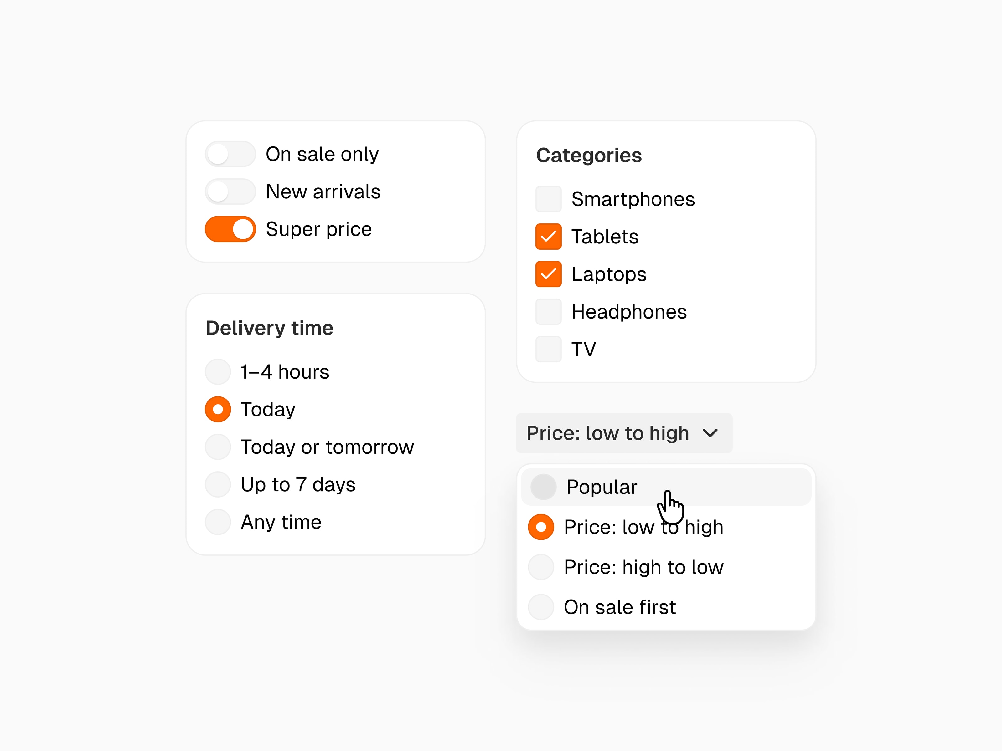 Shop filters: on-sale, new-arrivals and super-price toggles, delivery-time options with Today selected, category checkboxes with tablets and laptops ticked, and an open sort menu.