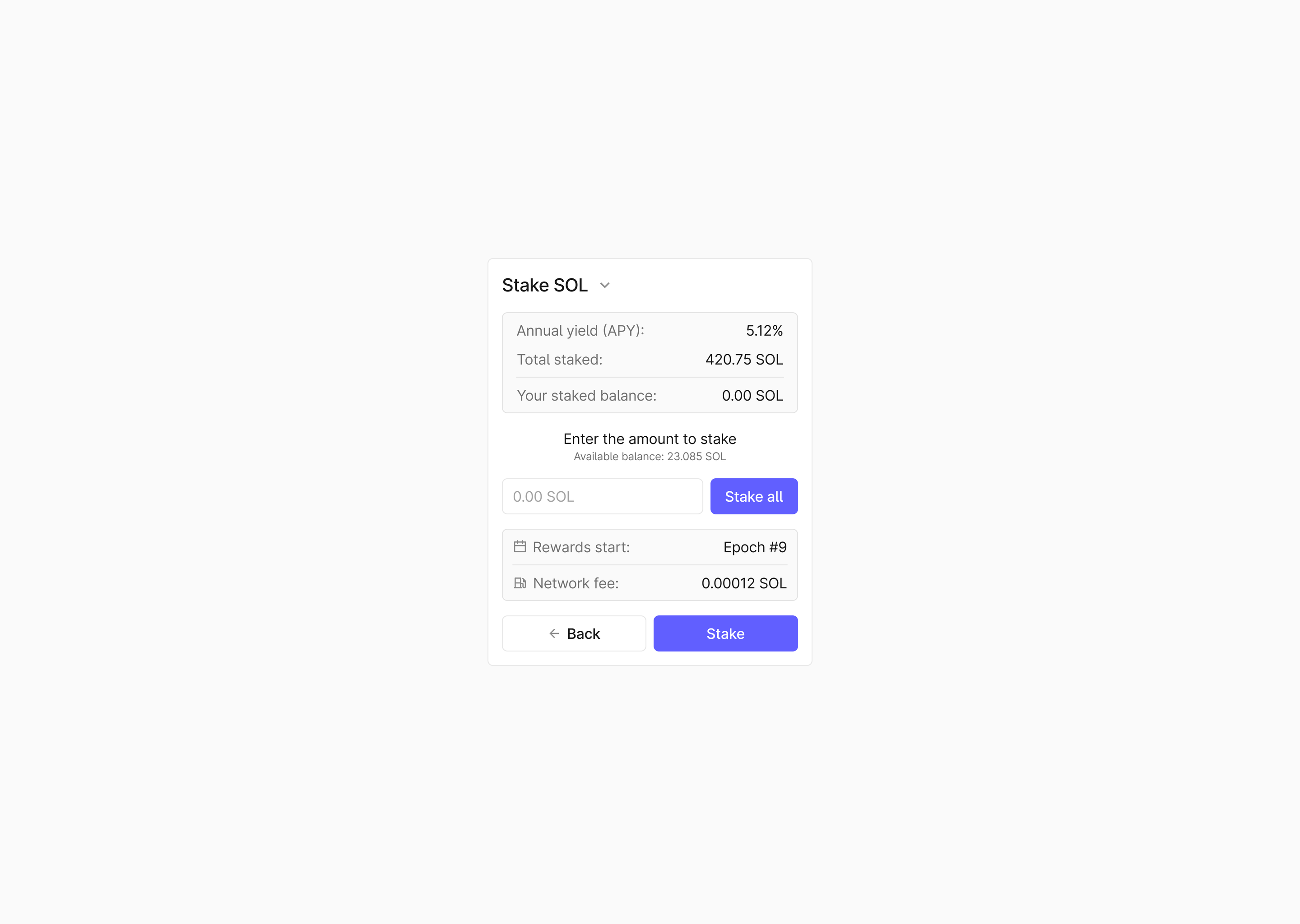 A Solana staking card: annual yield, total staked and your balance, an amount field with a stake-all button, the rewards epoch and network fee, and back and stake buttons.