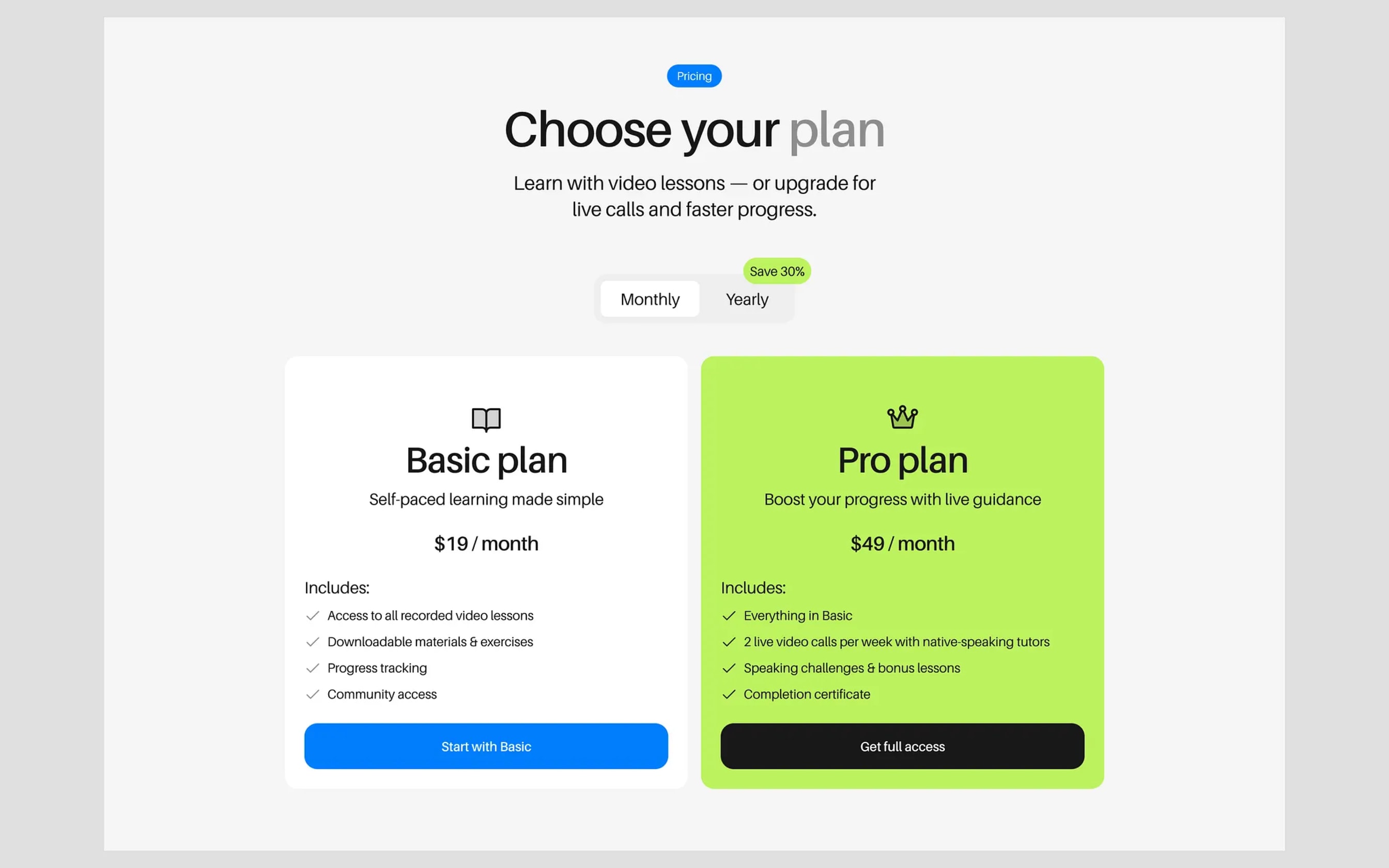 Talkee's pricing section: a monthly and yearly toggle saving 30%, a white Basic plan at $19 a month and a lime-green Pro plan at $49 with live video calls.