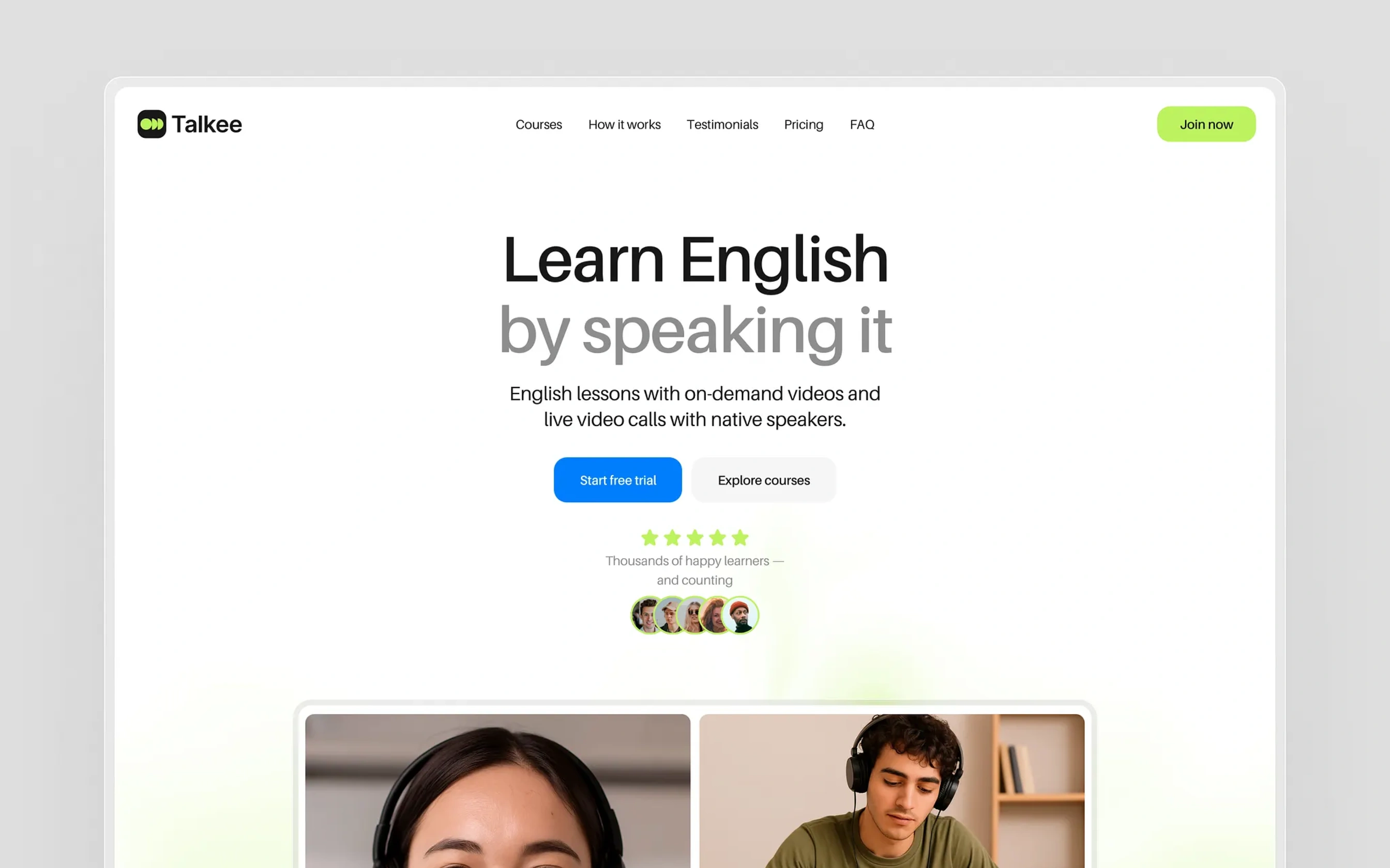 An English-learning landing page: the headline learn English by speaking it, start free trial and explore courses buttons, five-star reviews, and two video-call tiles of learners.