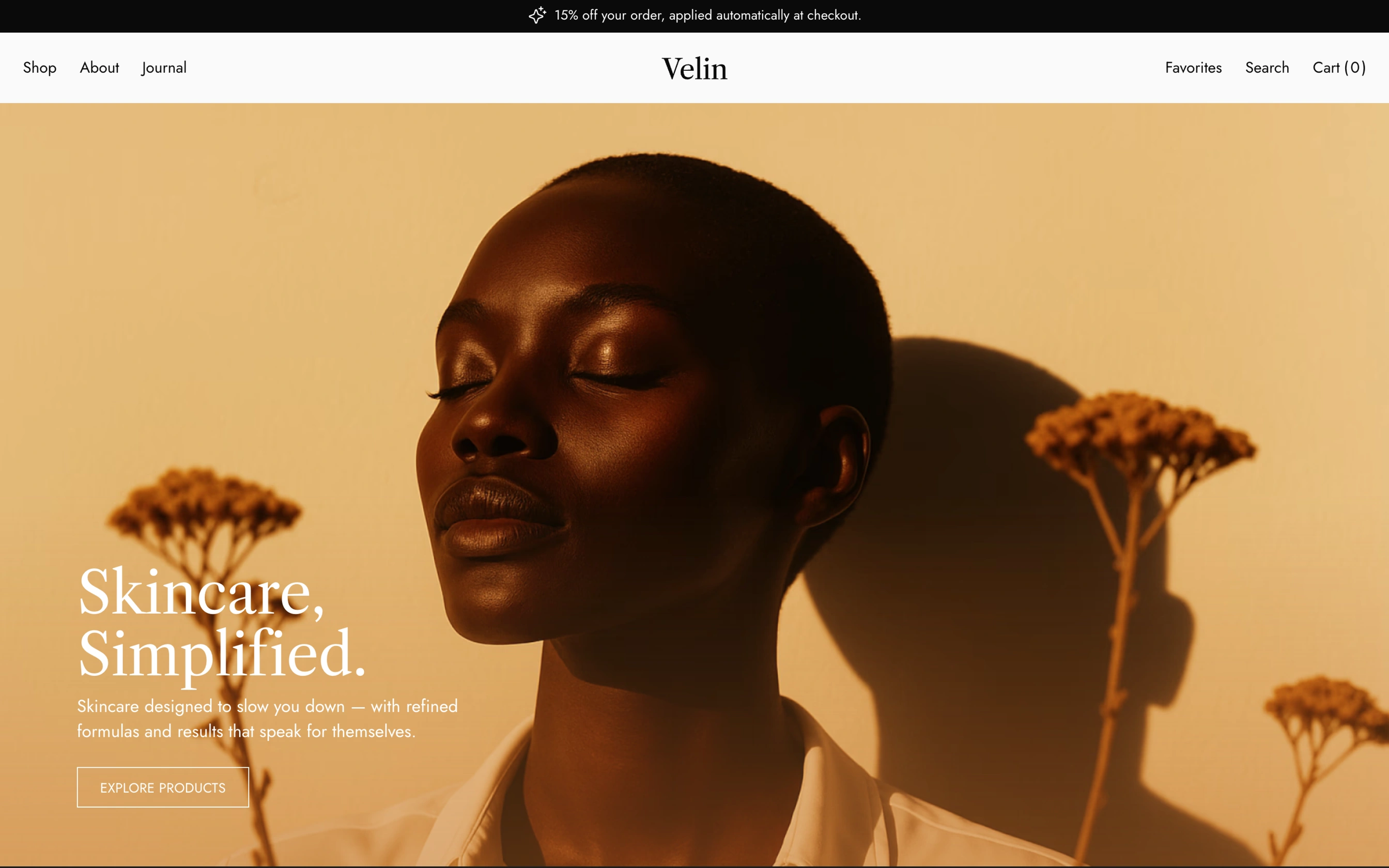A skincare store's home page: a warm amber photo of a woman with her eyes closed beside dried flowers, under the headline Skincare, Simplified and an explore products button.