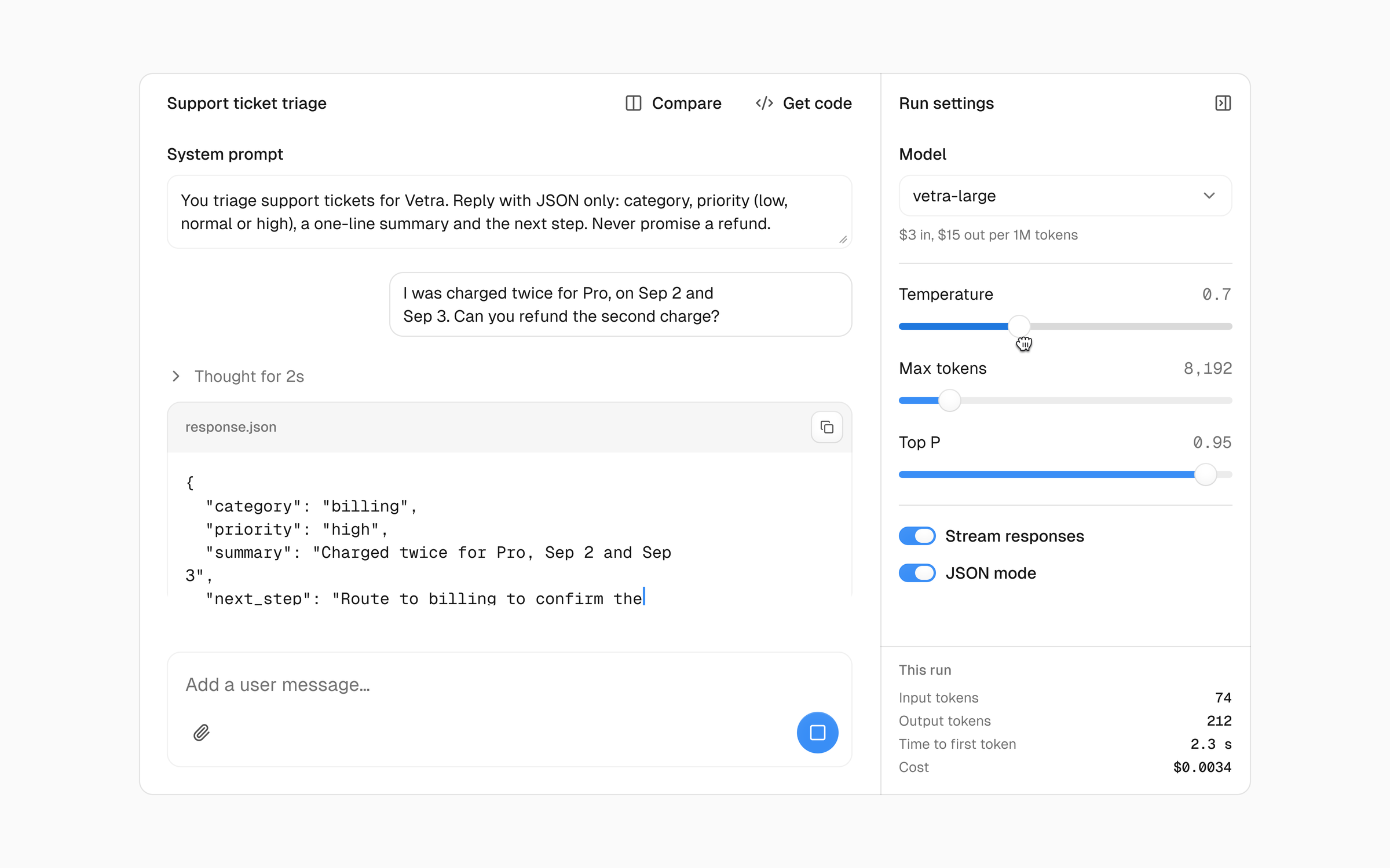 A model playground: a system prompt and user message, a JSON response coming in, and run settings for model, temperature, max tokens and top P.