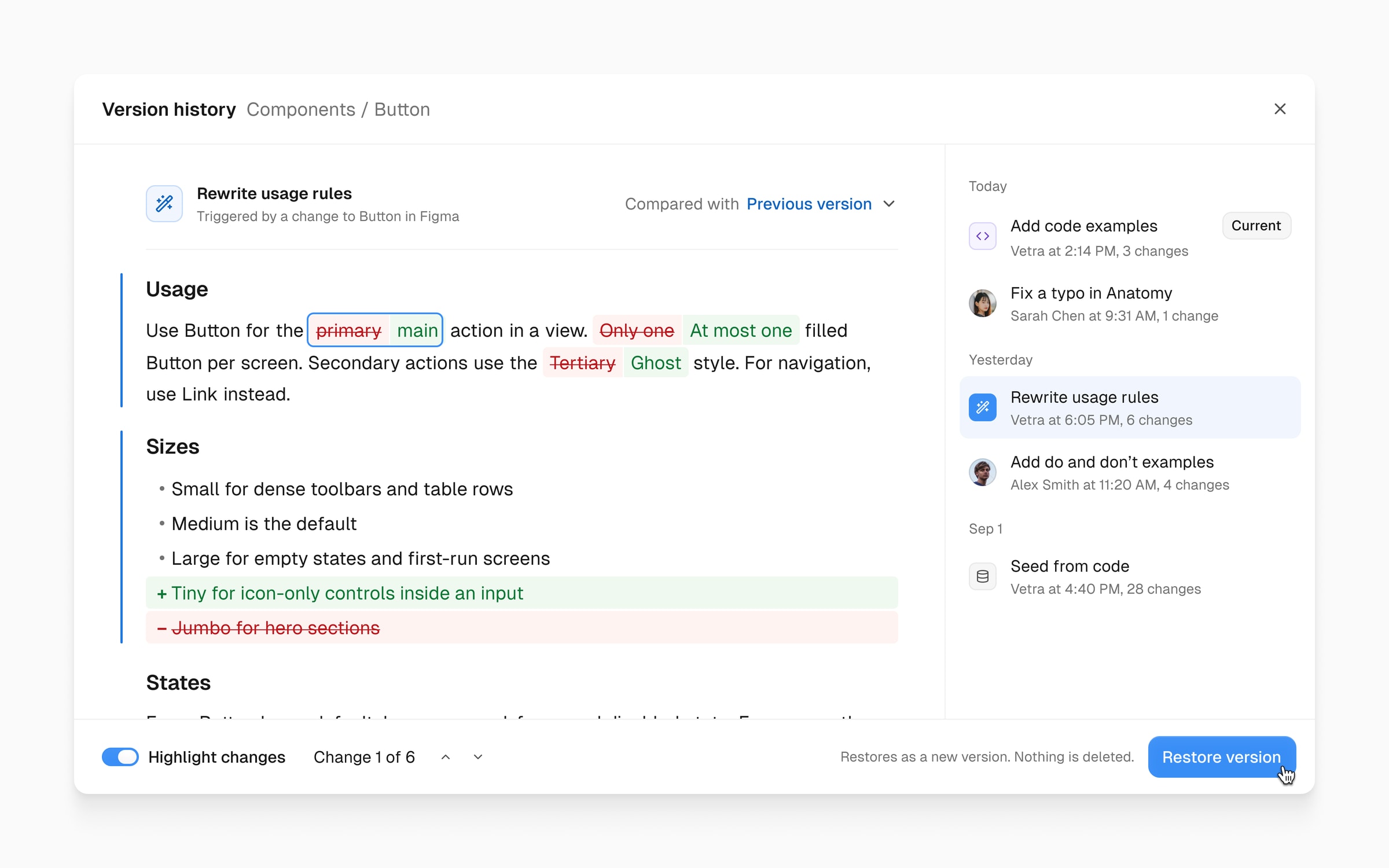 Version history for a Button component's docs: insertions highlighted green, deletions struck through in red, and a timeline of earlier versions.