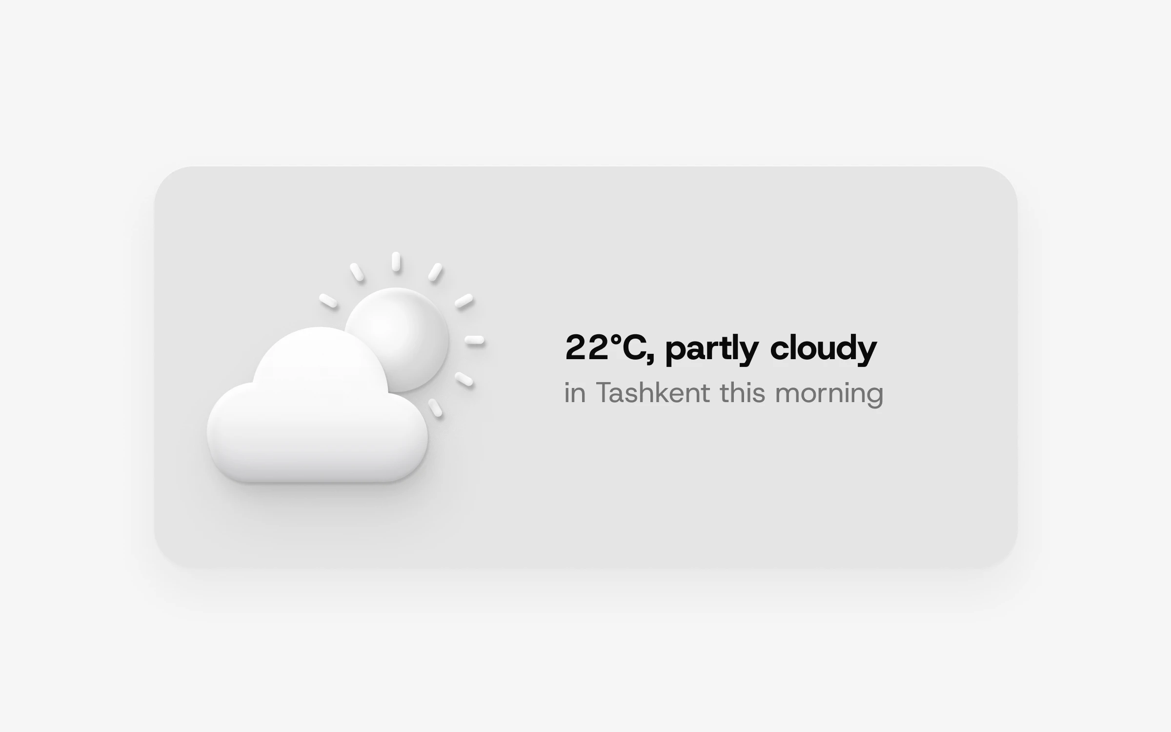 A porcelain desk card with a soft white cloud in front of a sun, beside the line: 22°C, partly cloudy, in Tashkent this morning.